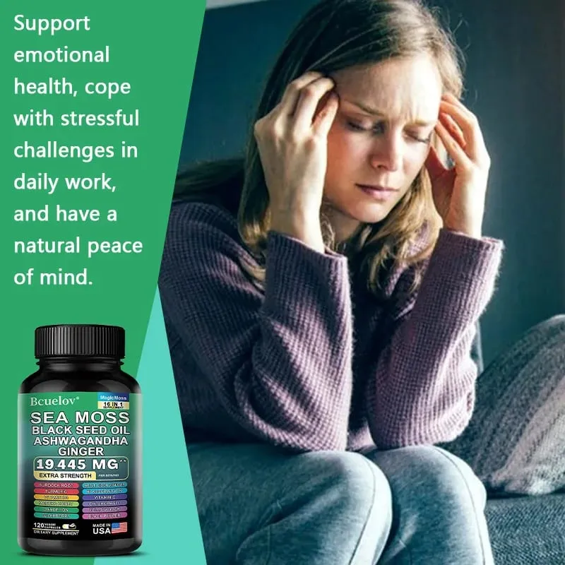 Sea Moss Capsules with Black Seed Oil Ashwagandha Turmeric Complex Energy Immune Digestive Skin & Stress Relief Support