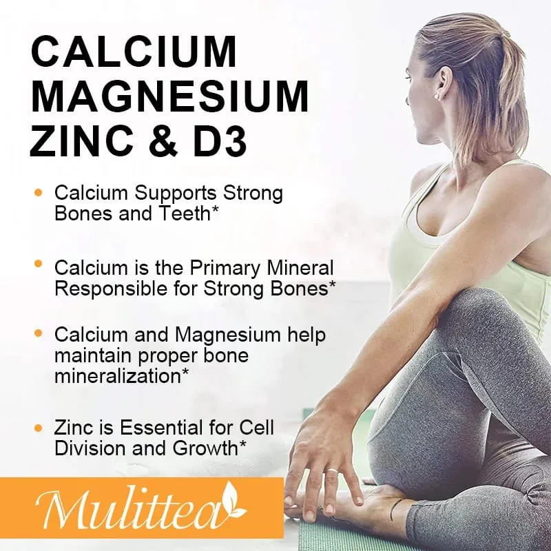 Mulittea Calcium Magnesium Zinc Capsules with Vitamin D3 for Strong Bones & Nervous System Health & Promotes Cell Growth