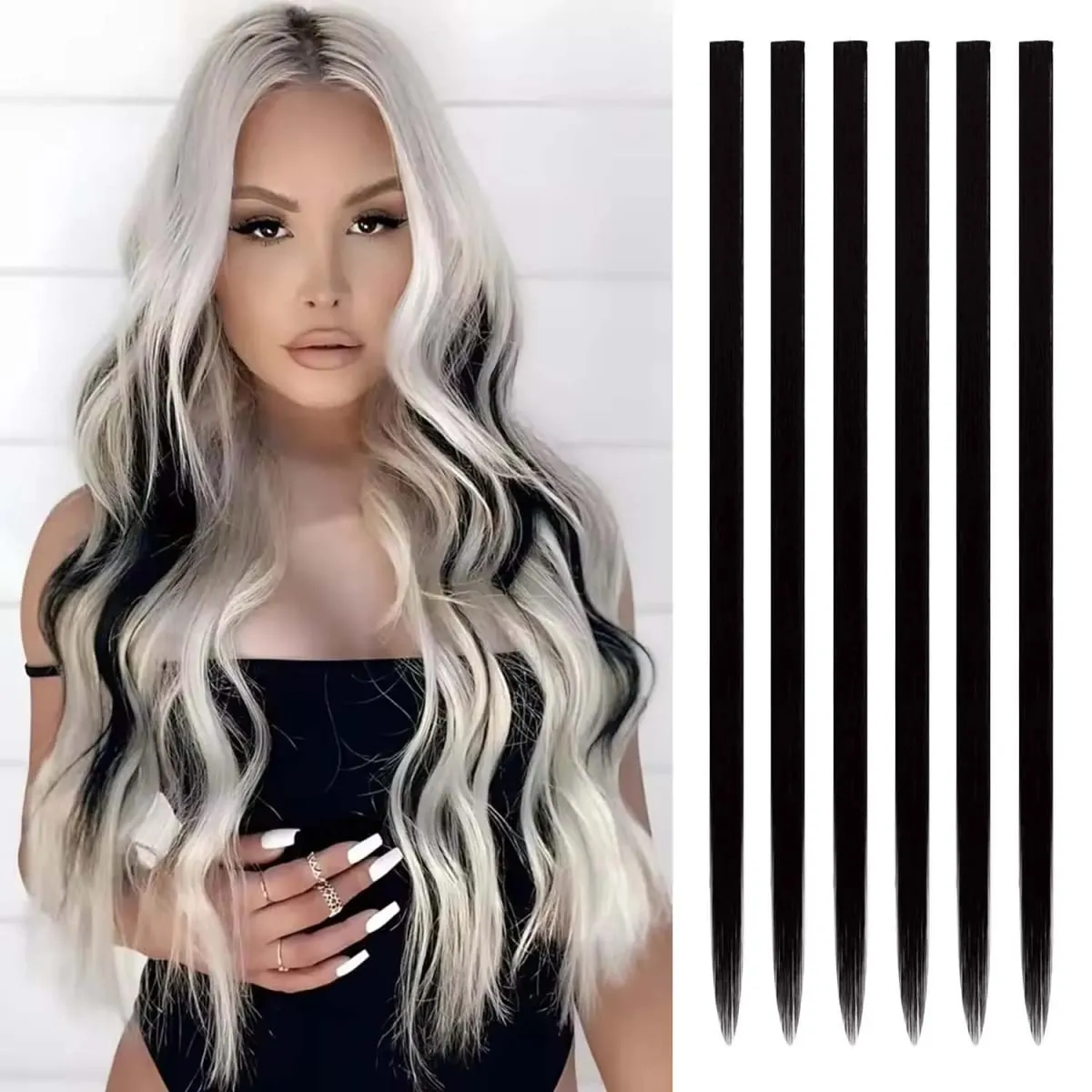 6 Pcs Clip Extensions Synthetic 24 Inch Colored Hair Extensions Party Highlights Long Straight Hairpieces for Women Kids Girl