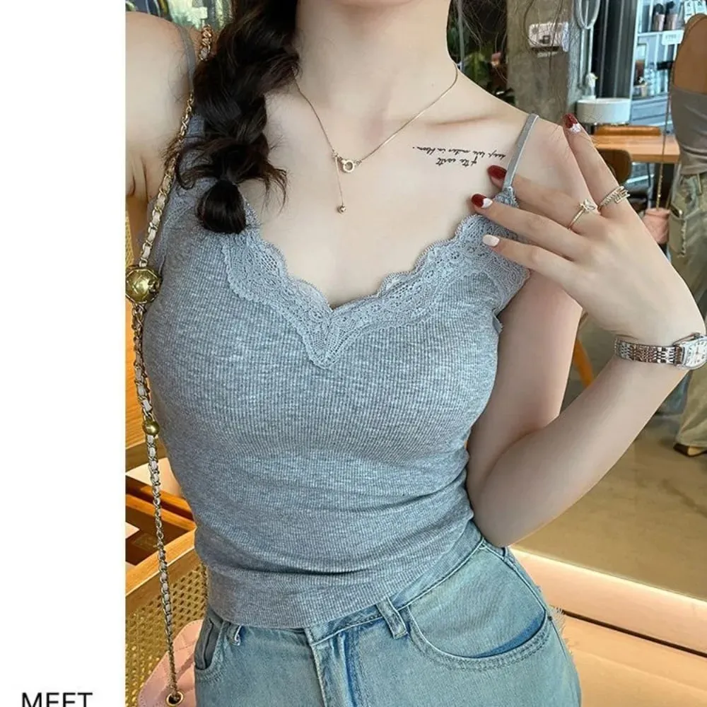 High Quality Fashion Breathable Lace Camisole Strap Bra Solid Color Summer Top Sexy Style Wire-Free Crop Top