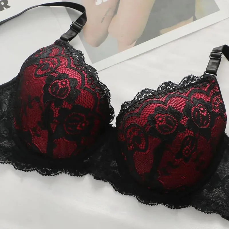 Women's Red and Black Lace Bra and Panty Set Push Up Underwire Lingerie 2026