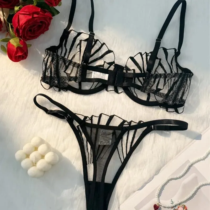 New Women's Bra Set Sexy Lace Mesh Lingerie Set Ultra Thin Breathable Comfortable Lightweight Scallop Transparent Lingerie Set