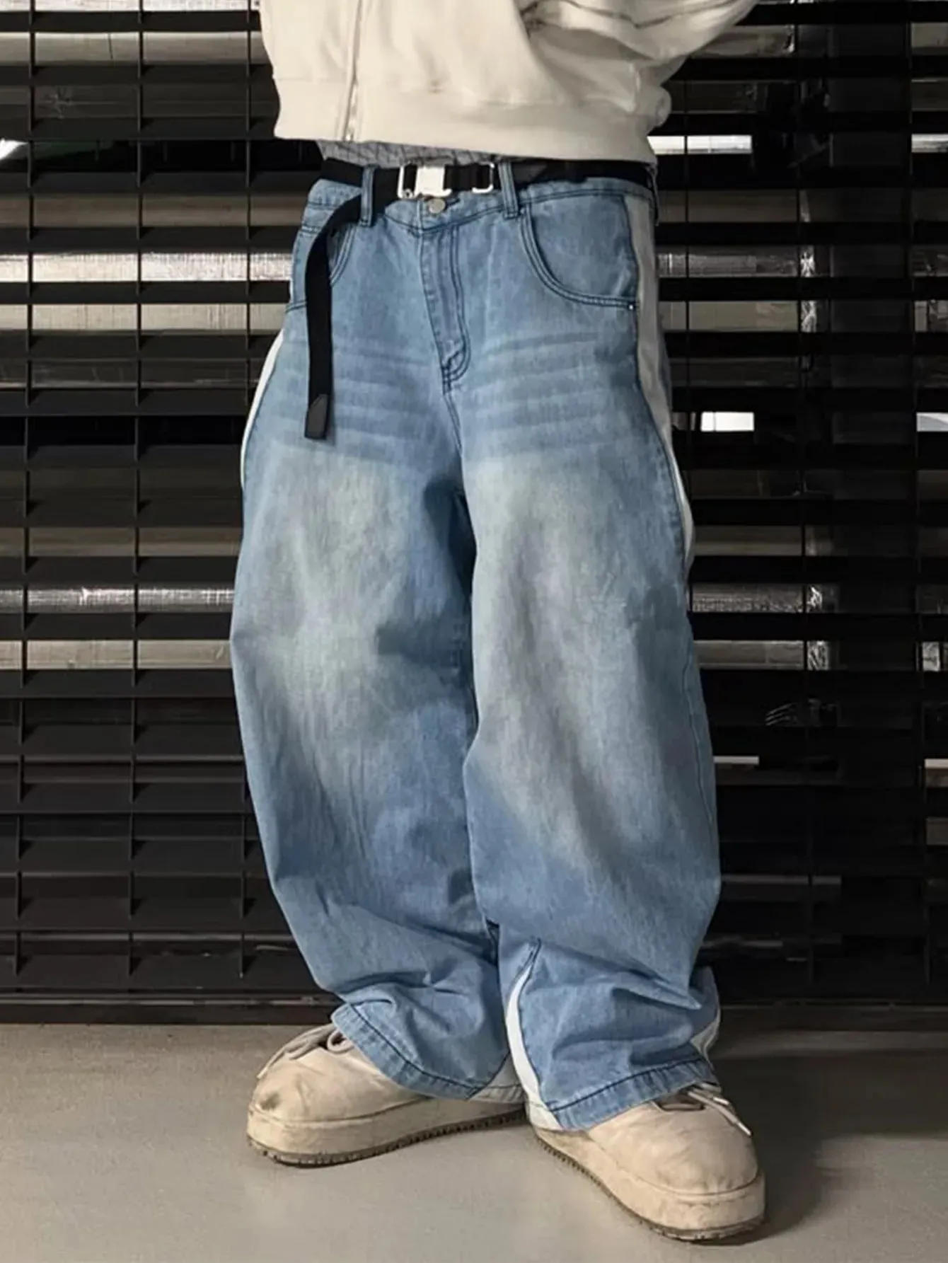 Wide Leg Jeans Men Straight Pants Vintage Patchwork Washed Distressed Mid Waist Pockets 2025 Streetwear Denims Loose Trousers