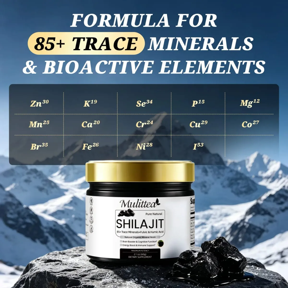 Mulittea High Purity Original Shilajit mineraltilskud med 85+ spormineraler og fulvinsyre til menneskets energiudholdenhed