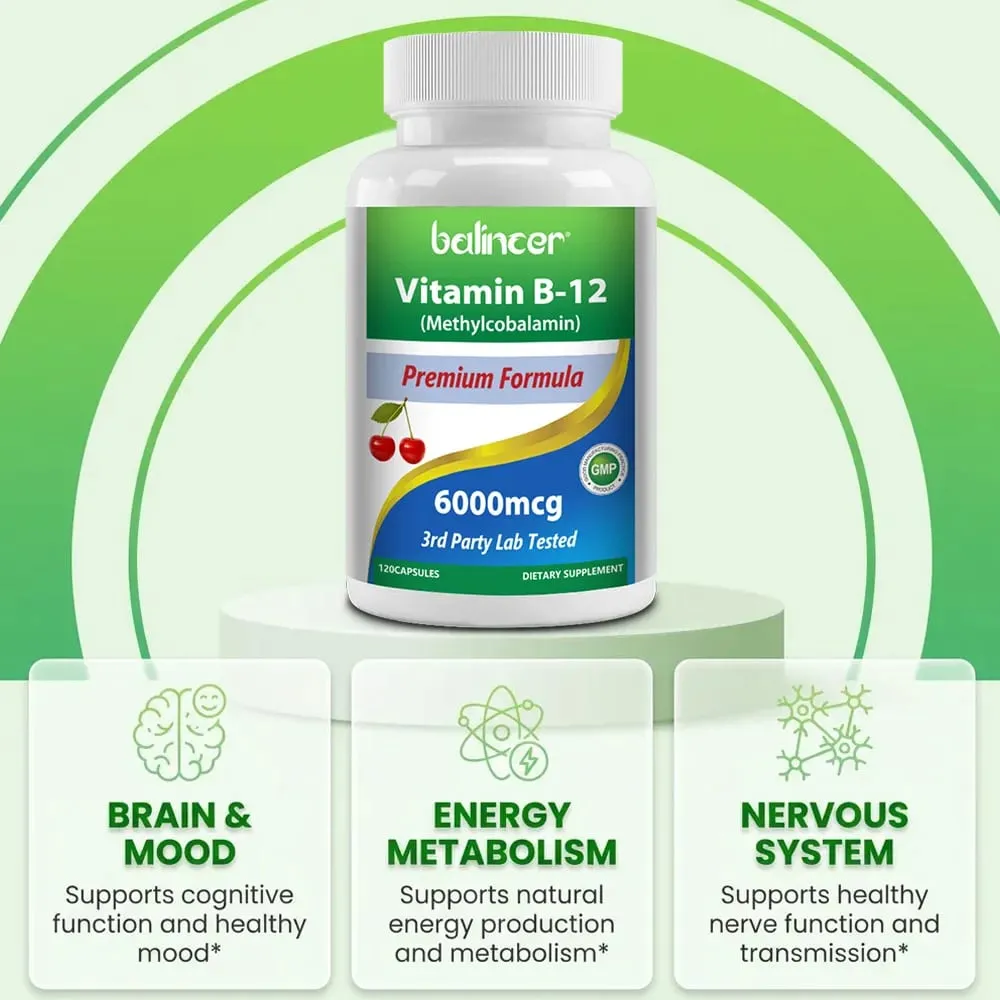 Vitamin B12 Supplement 6000mcg - Energy Brain Memory Mood Heart Function Nervous & Immune System Support 30/60/120 Capsules