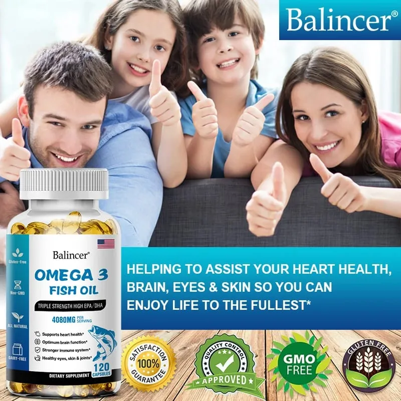 Balincer Wild Caught Omega 3 Minyak Ikan Softgels- Kekuatan Tiga Kali Lipat Tinggi EPA 1200mg DHA 900mg Non-GMO Suplemen Makanan Bebas Gluten