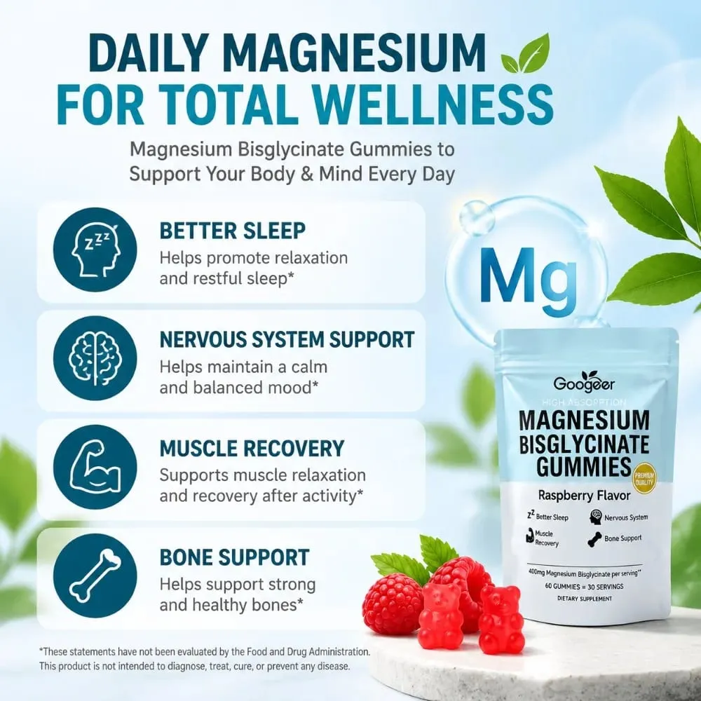 Magnesium Bisglycinate Gummies 400mg High Absorption for Sleep Muscle Recovery & Bone Support with D3 & Zinc Raspberry 60 Ct