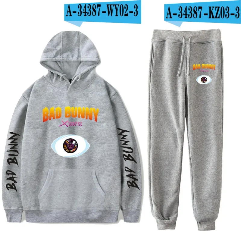 Harajuku Comfortable Funny bad bunny Print Sweatshirt Sweatpants Suit Men/Women Hoodies+ Trousers Suit Cute 2 Piece Set Clothes