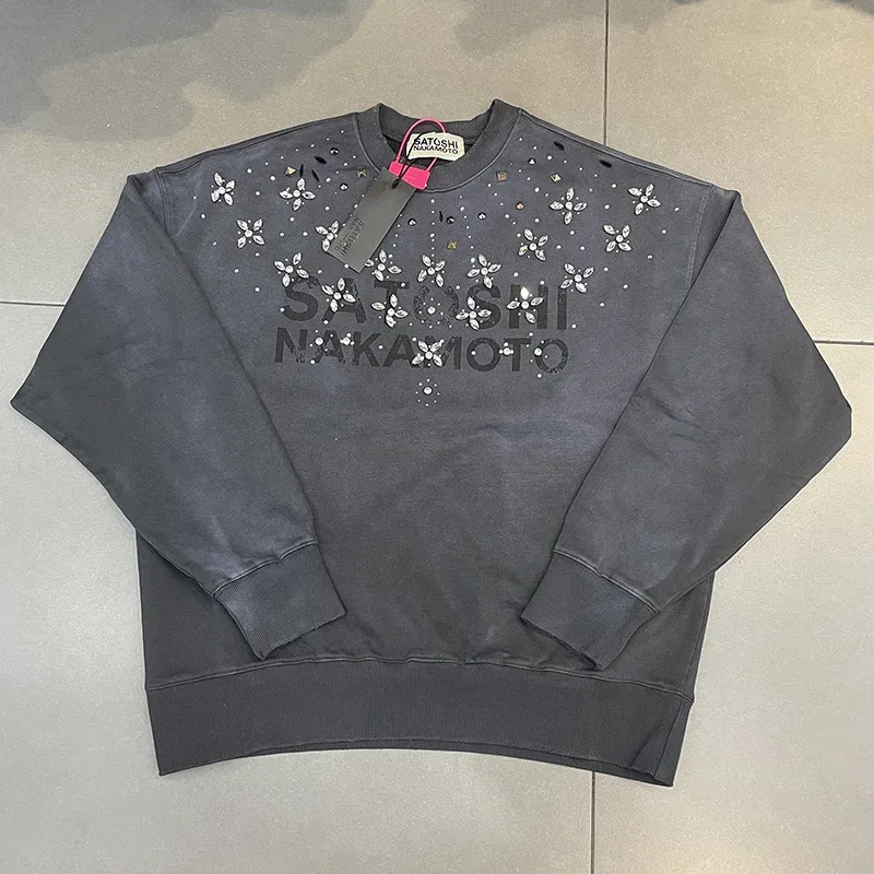 26FW Heavy Fabric Cotton Loose Rhinestone Rivet Satoshi Nakamoto Sweatshirts Men Women Vintage Charcoal Gray Green Pullovers — image 4