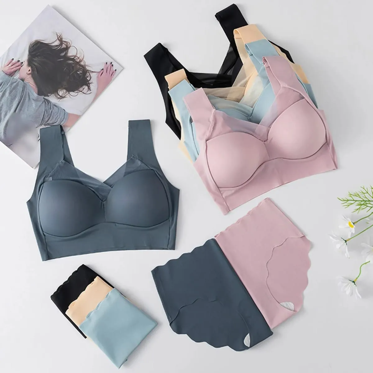 Women Seamless Underwear Set Wireless Ice Silk Thin Back Beauty T Shirt Bra And Smooth Panty Set Solid Color Lingerie Suits