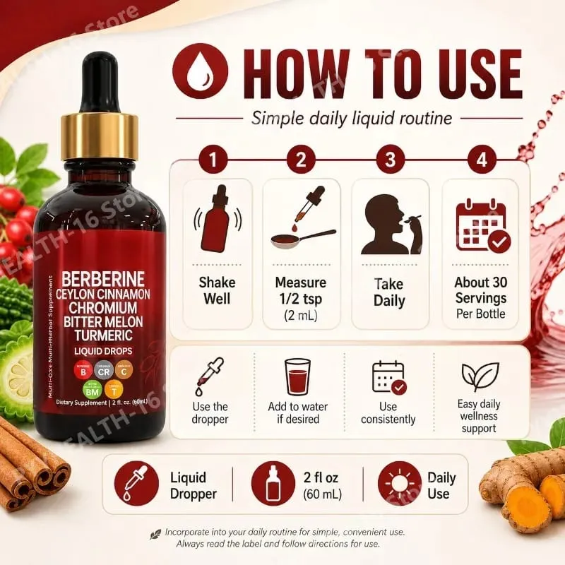 Berberine Liquid Drops Ceylon Cinnamon Chromium Bitter Melon & Turmeric Extract Multi-Ingredient Metabolic Support 60 ML
