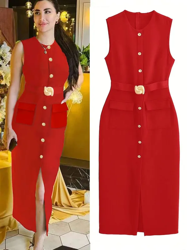 Sleeveless Button Down Ashirtdress with Belt Solid Color Front Slit Elegant for Office Party Dresses Luxury 2025 Ashirtwaister