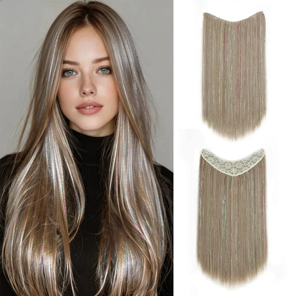 24Inch High‑Temp Fiber Straight Synthetic Long Hair Extensions Mixed Shiny Laser Tinsel Strands Hairpiece Women Party Halloween