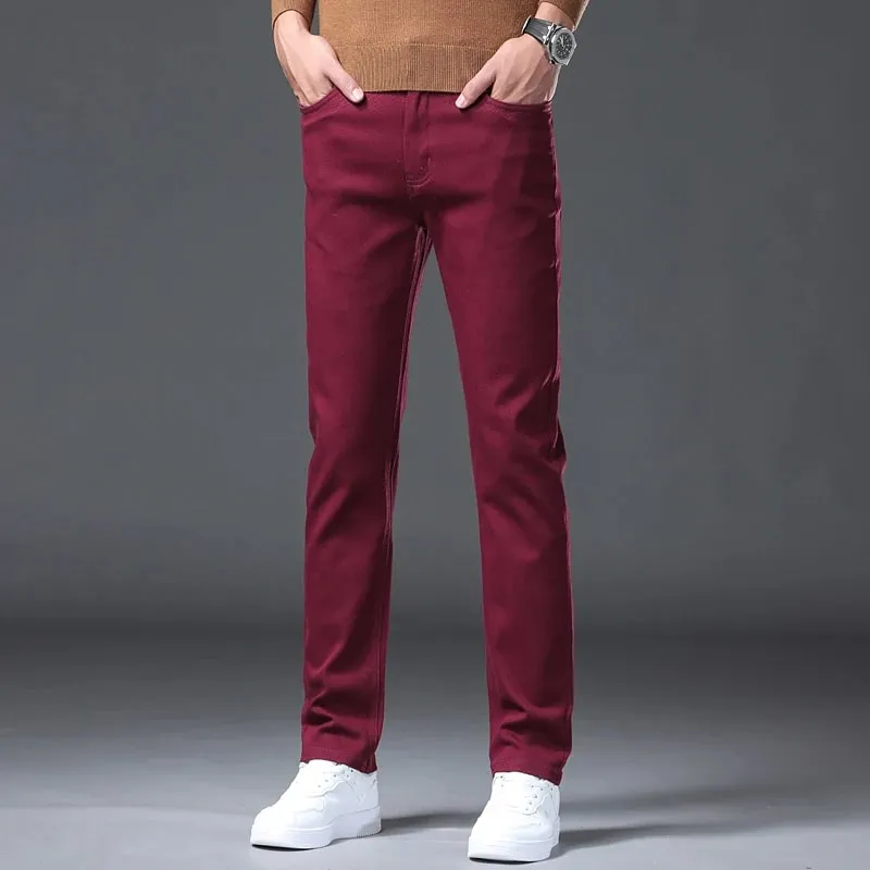 ArmyGreen Elastic Cotton Jeans Men's Spring Fashion Slim Straight Denim Pants Comfort Large Size Korean Business Casual Trousers