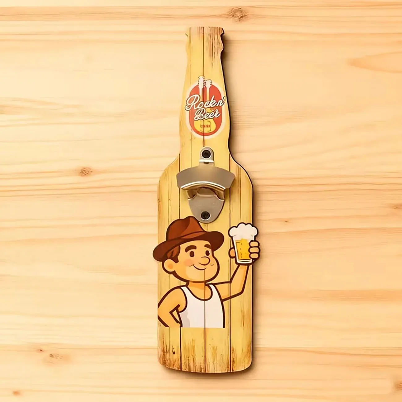 Vintage Beer Bottle Shaped Wooden Opener Cartoon Cowboy Holding Beer Mug Pattern Wood Accessory for Indoor Bar Wall Decoration