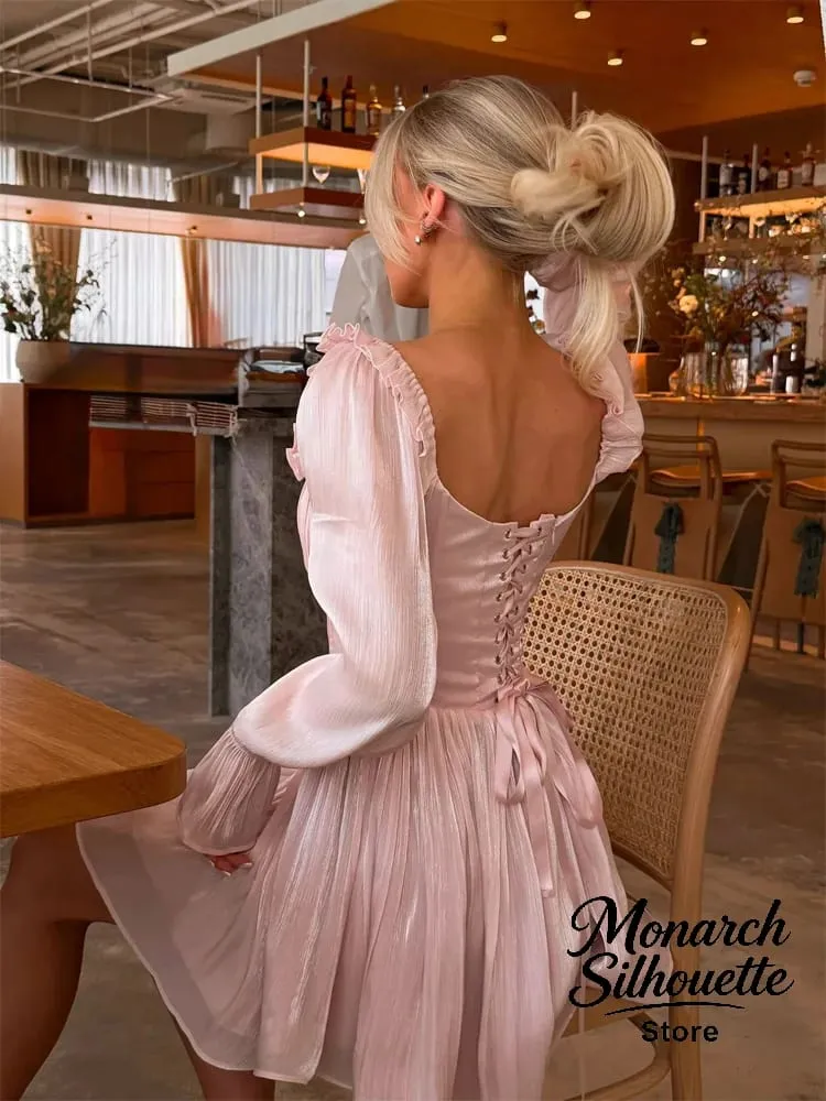 Elegant Square Collar Ruffle Trim Dress Women Chic Solid Full Sleeves Waist Cinching Short Dresses Lady Sexy Street Robes New — image 6