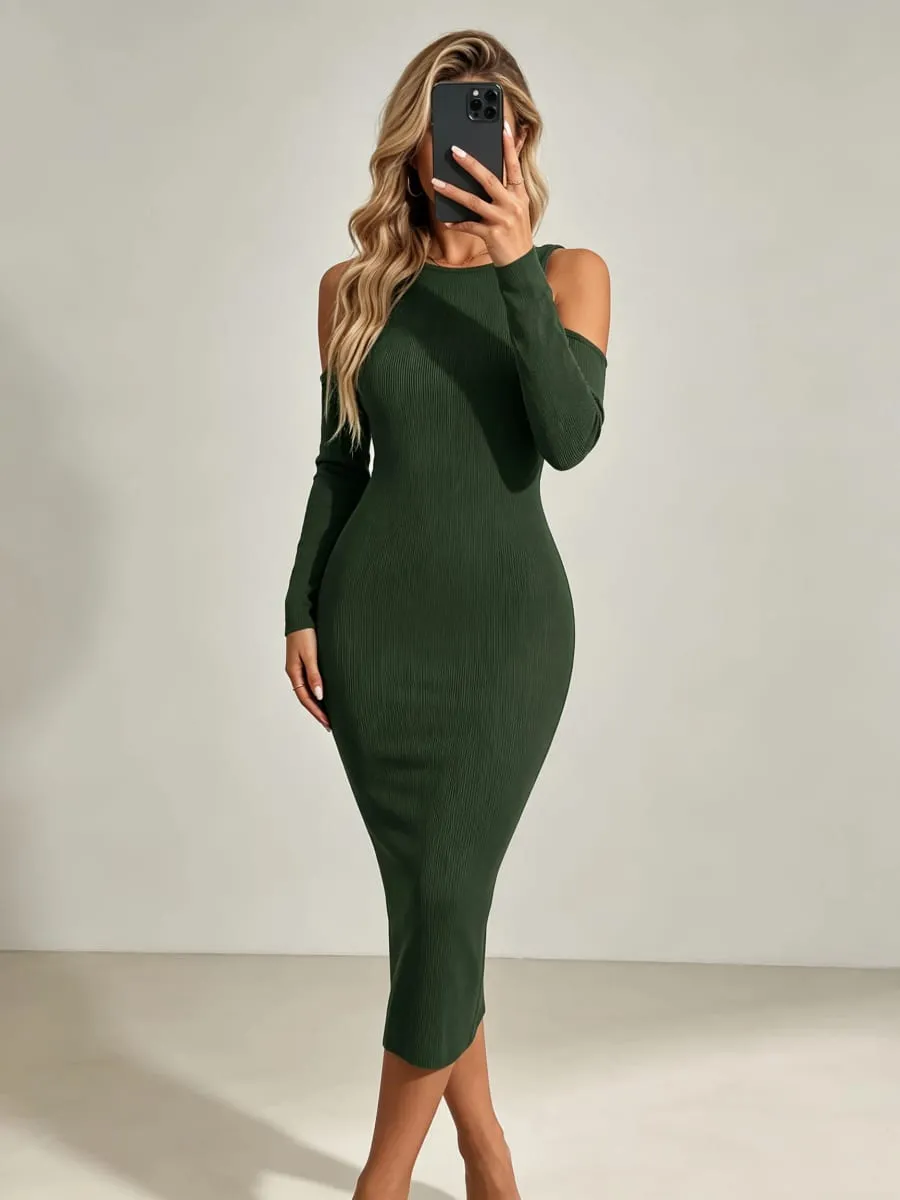 Women's Cold Shoulder Long Sleeve Ribbed Knit Midi Dress Slim Fit Solid Elegant All Seasons Office Work Daily Casual Party Wear