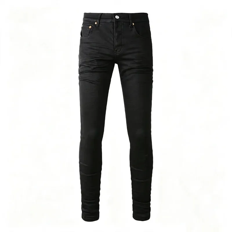 Men's Black Coated Slim Tapered Jeans Vintage Washed Slight Stretch Button Fly High Street Style