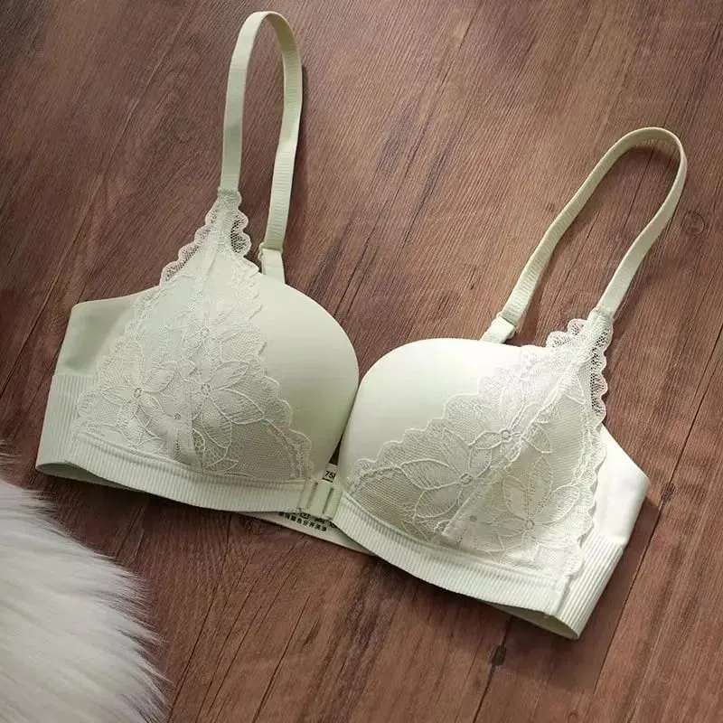 Sexy Lace Front Closure Push Up Bra Small Breast Gathering Anti-sagging U-shaped Backless Bra Lingerie For Women