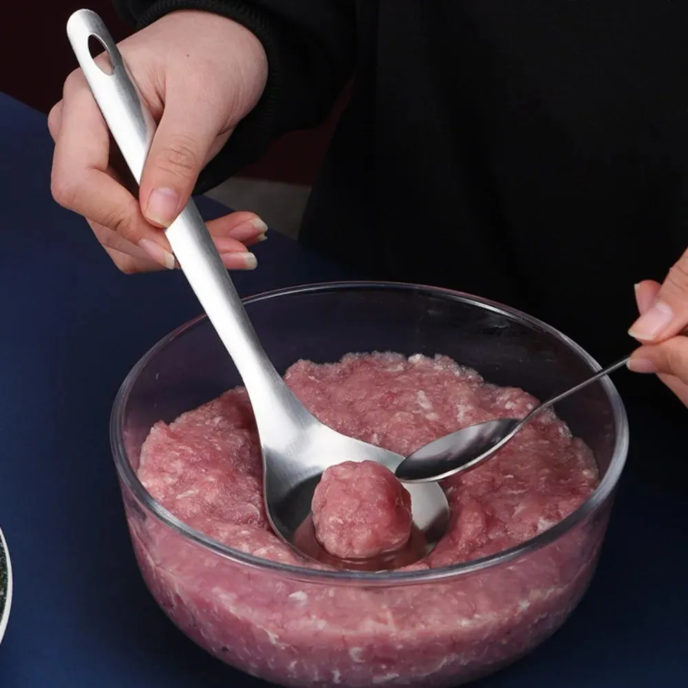 Stainless Steel Croquettes Meatball Spoon Mold Non-stick with Round Hole Meatball Maker Spoon Hangable Meat Press Tools