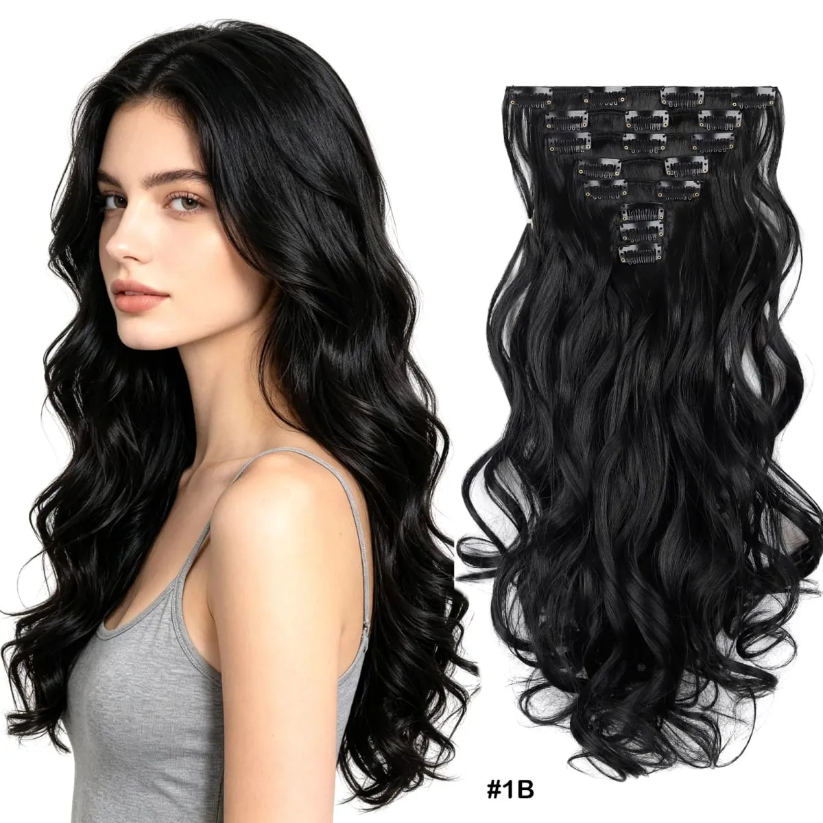 8Pcs Wavy Clip-In Hair Extensions Set 17Clips Matte Synthetic Full Head Hairpiece for Women Easy to Install