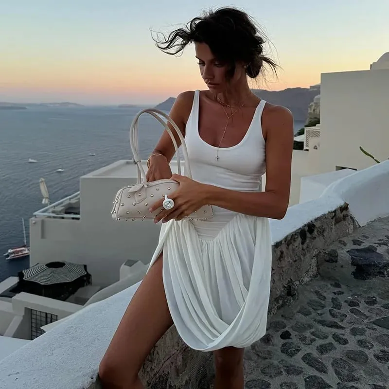 Μίνι αμάνικο πλισέ φόρεμα Γυναικείο σέξι εξώπλατο ντραπέ φορέματα τανκς Basic ακανόνιστο τετράγωνο γιακά ρούχο για πάρτι