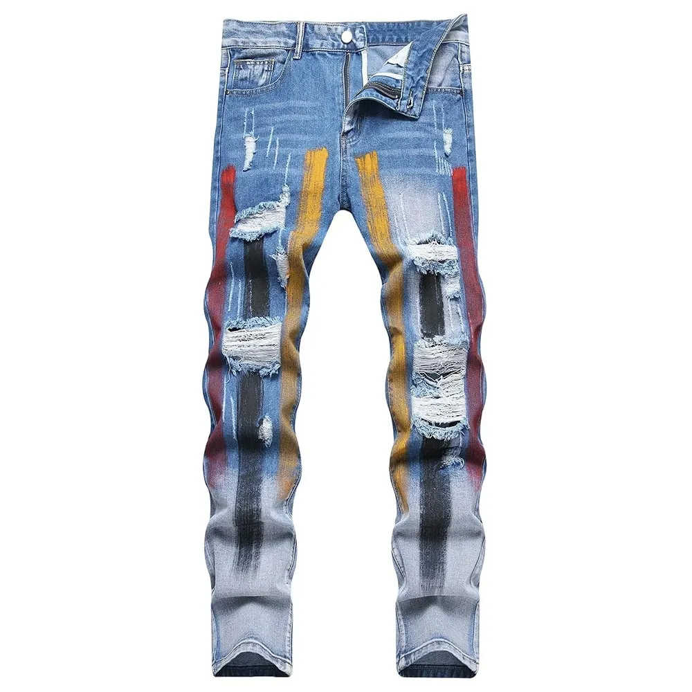 Men Painted Denim Jeans Contrast Color Holes Ripped Distressed Pants Non Stretch Cotton Slim Straight Trousers