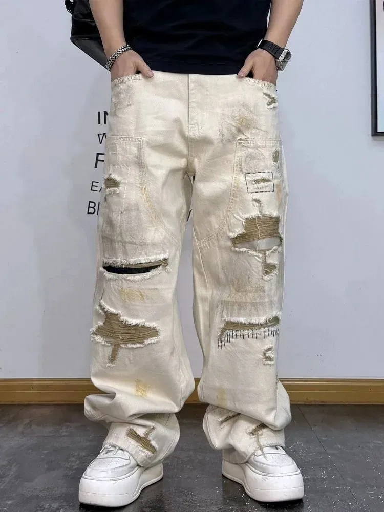 New Spring/Autumn Fashion Trendy American Style Straight Leg Stretch Ripped Jeans Men's Casual Loose Fit Sports Plus Size Jeans