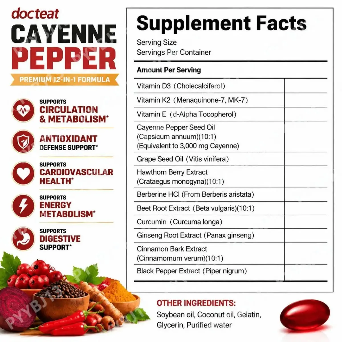 Docteat Capsule molli al Pepe di Caienna con Vitamina D3 e K2 Metabolismo energetico e supporto digestivo Difesa antiossidante 180 Capsule molli