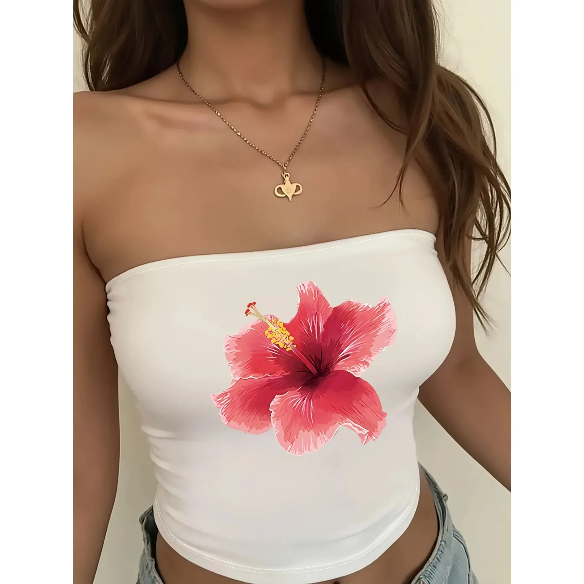 Graphic Tee Y2K Women'S Short Top with Flower Print Sexy Suitable for Summer and Casual Wear Summer Tube Top Strapless