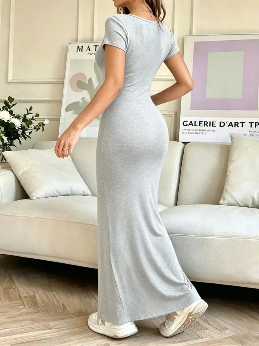 Women Square Neck Short Sleeve Maxi Dress Stretch Knit Bodycon Solid Color Slim Fit Long Casual Party Dresses
