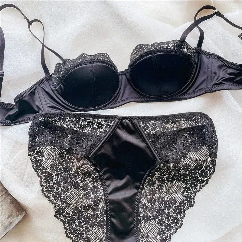 Women Half‑Cup Lace Underwire Bra Set Thin Sexy Minimizer Bra Push Up Anti‑Sag Side Support Hide Armpit Fat Ladies Lingerie S-XL