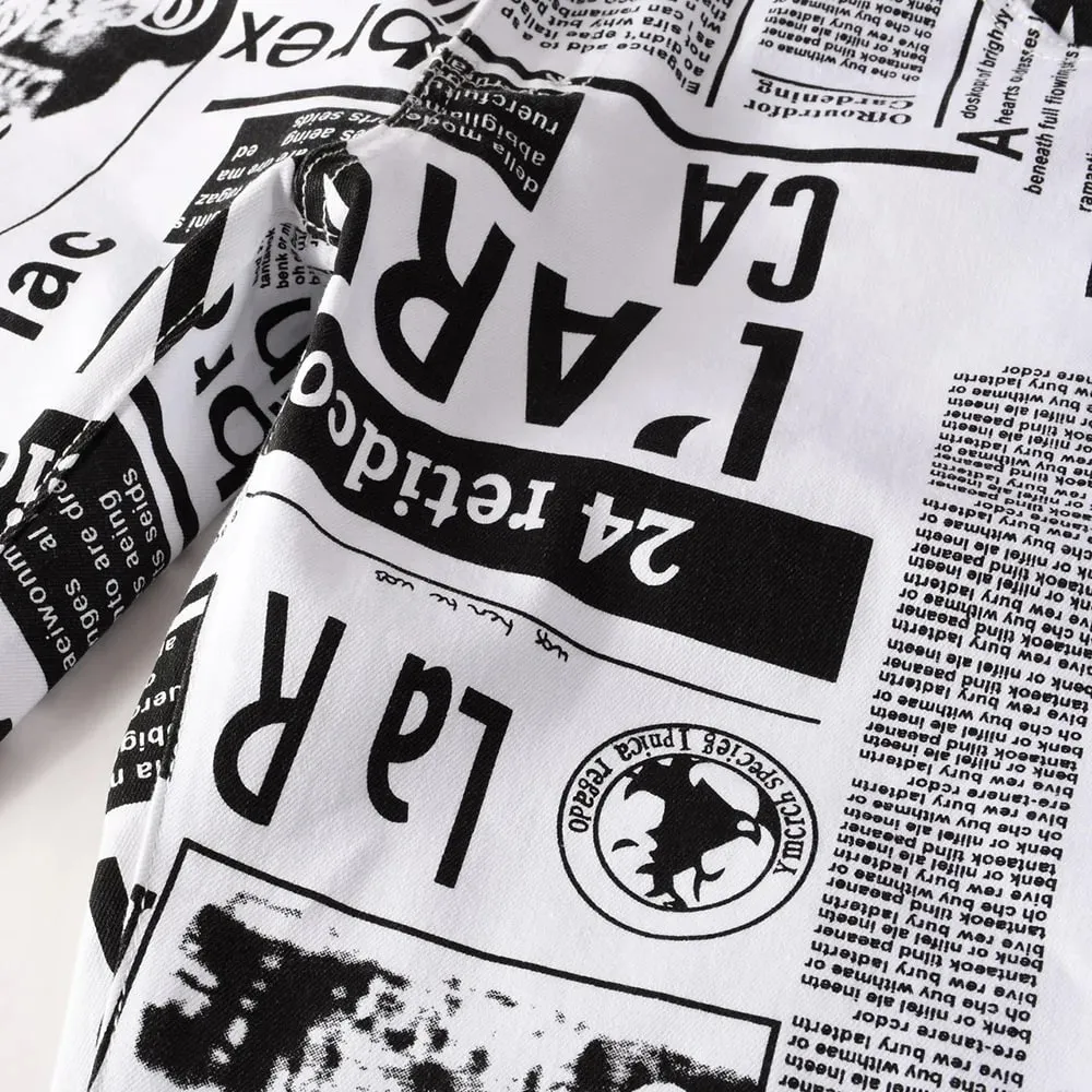 Men Newspaper Print Jeans Fashion Letters White Denim Pants Casual Slim Tapered Costume Trousers