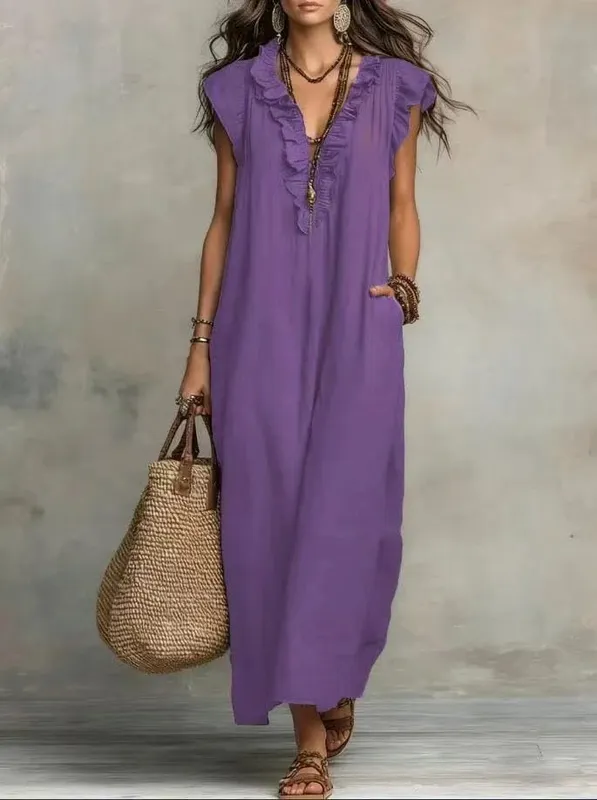 2026 Summer Women Boho Cotton Linen Maxi Dress Solid Color Ruffle V Neck Sleeveless Loose Long Dresses With Pockets Casual Beach — image 6