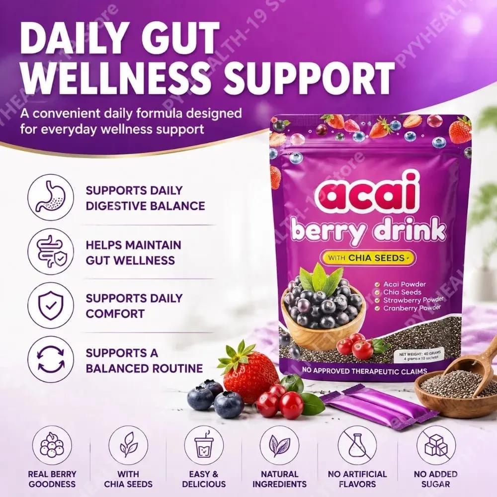 Acai Berry Drink Prášek s chia semínky Jahoda Brusinka pro antioxidanty Denní wellness & podpora imunitního systému pro dospělé 40 g
