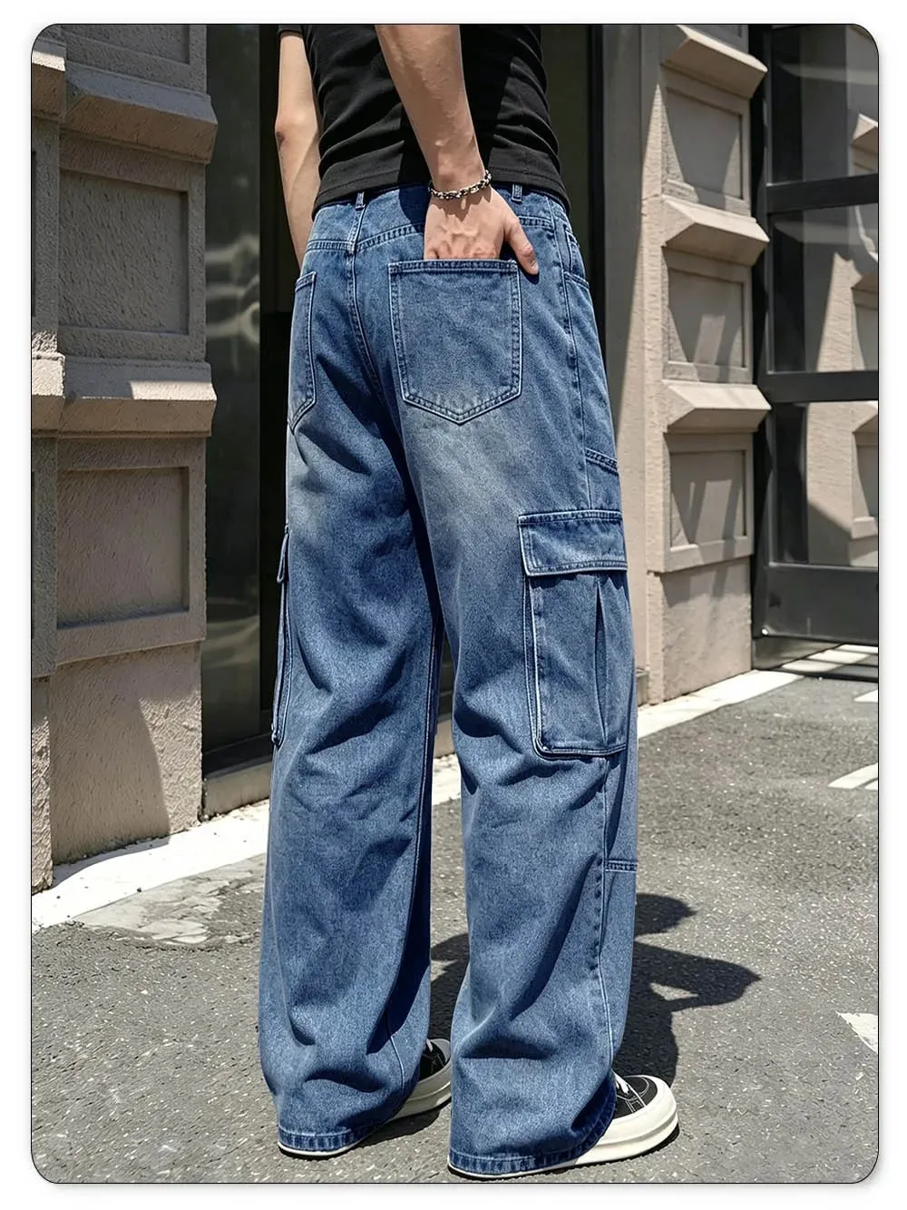 Men's American Retro Multi Pocket Cargo Jeans Suitable All Seasons Baggy Straight Leg Style Daily Street Casual Denim Pants — image 6