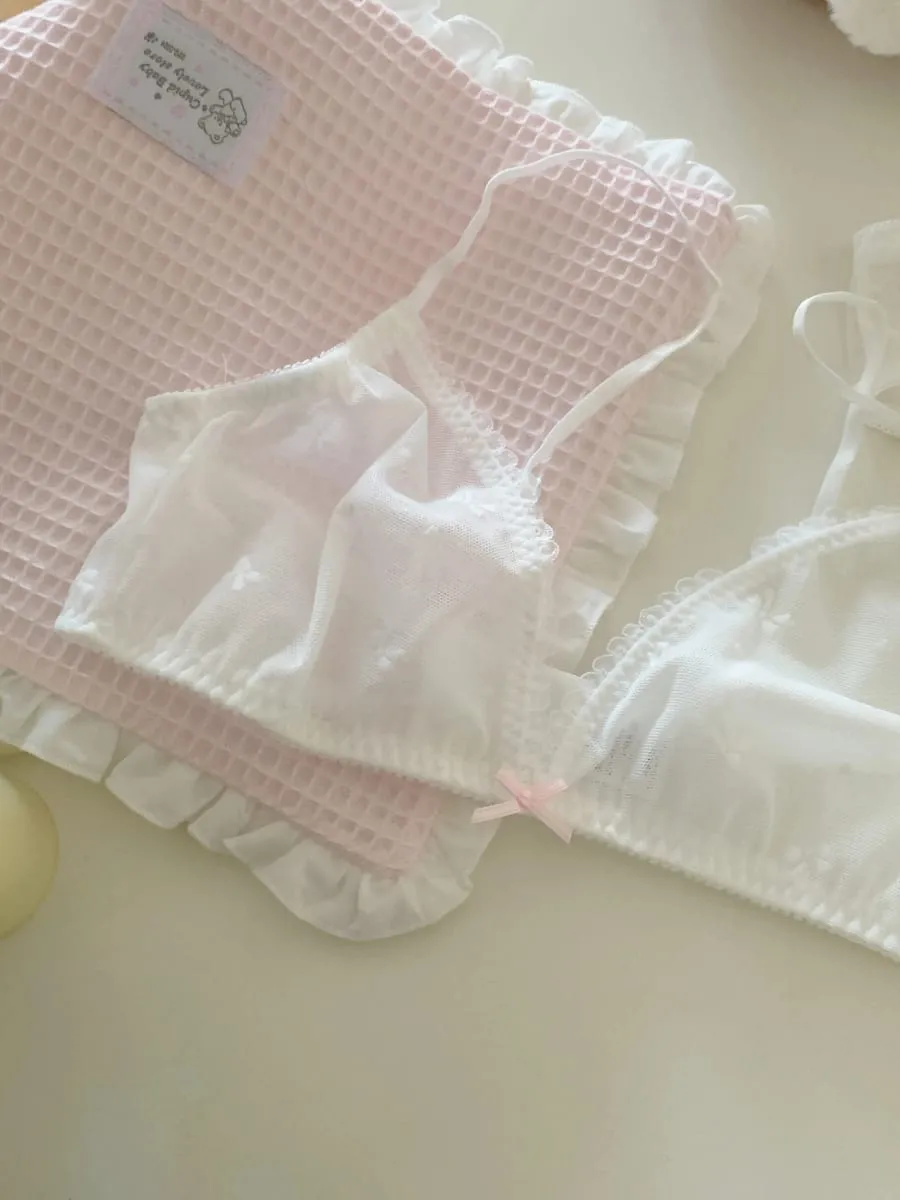Lace Bow Detail Lingerie Sweet and Girlish 100% Cotton Breathable Comfort Underwear Small Bust Bra Set Wire-Free Bras