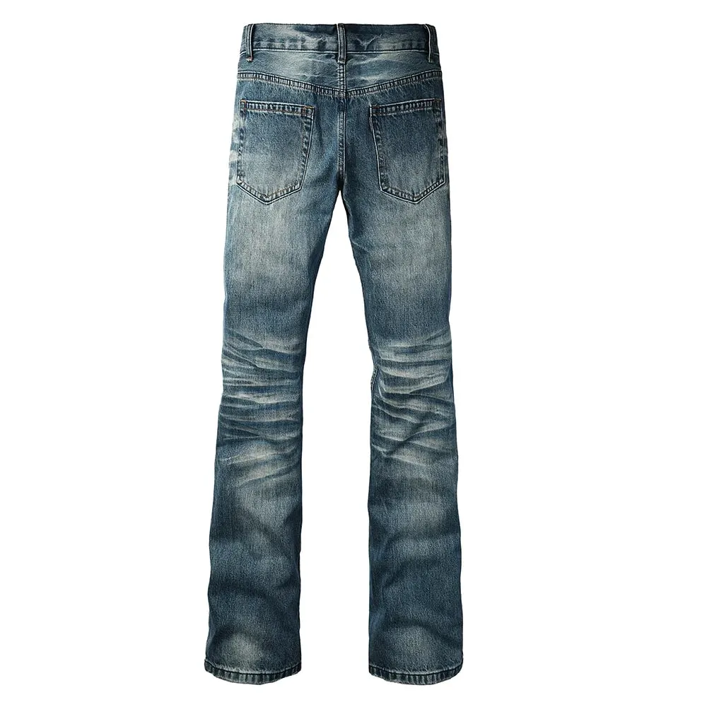 Men's Boot Cut Denim Jeans Slim Flared Pants Blue Stretch Long Trousers High-Quality Pattern Print