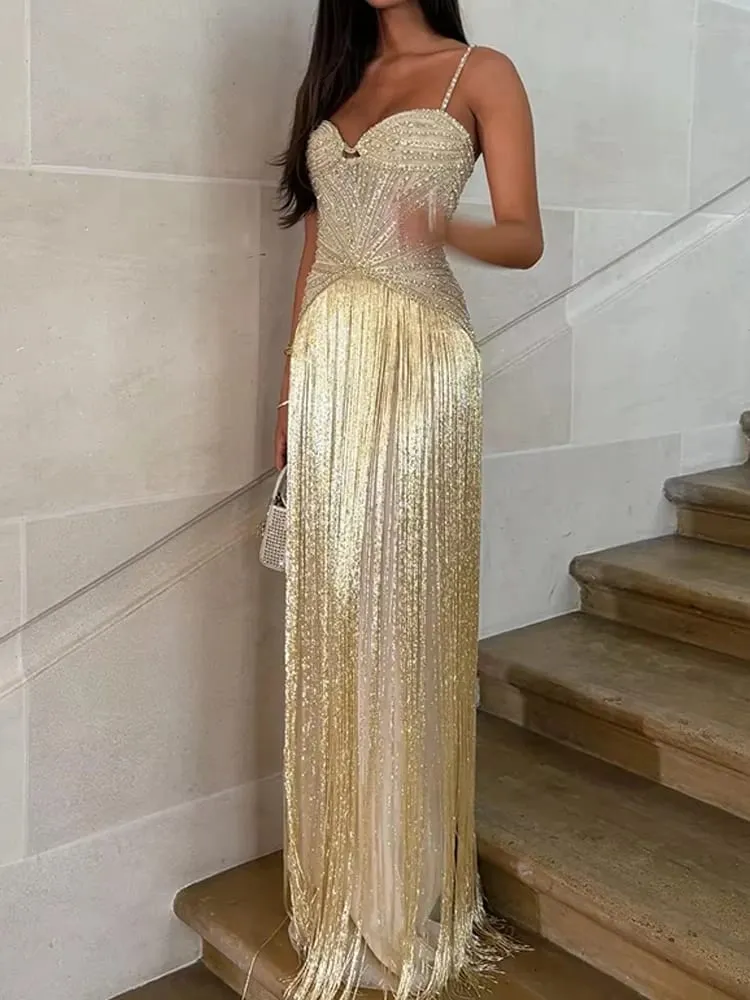 Sexy Off Shoulder Sleeveless Suspender Dress Women's Elegant High Waist Slim Tassel Long Dress Fashion Draped Solid Long Dress — image 2