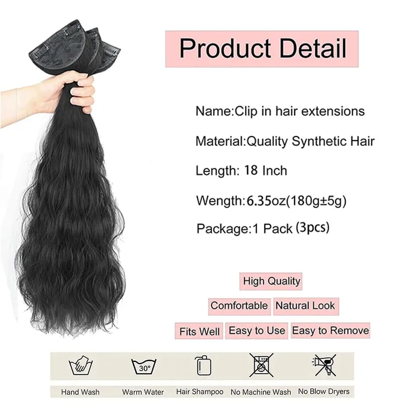 Clip in Hair Extensions for Women 3PCS Long Wavy Curly Clip on Hair Extensions 18 Inch Synthetic Thick Hairpieces