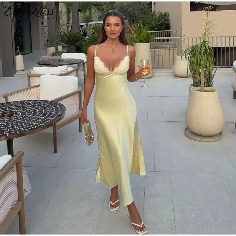 Women Sexy V-neck Satin Sling Maxi Dresses Chic White Lace Patchwork Sleeveless Backless Slim Gowns Summer Evening Party Dress