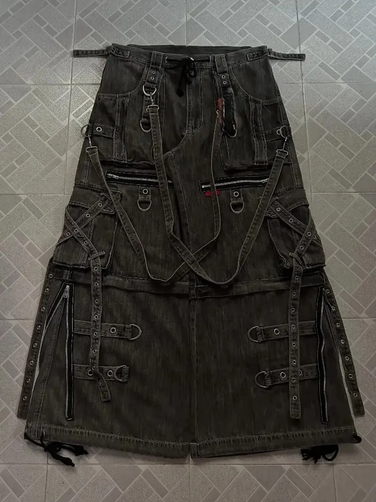 Mens Jeans Harajuku Vintage Gothic Punk Dark Grey Cargo Denim Pants Metal Buckles Chains Multi Pocket Adjustable Strap Y2K New — image 3