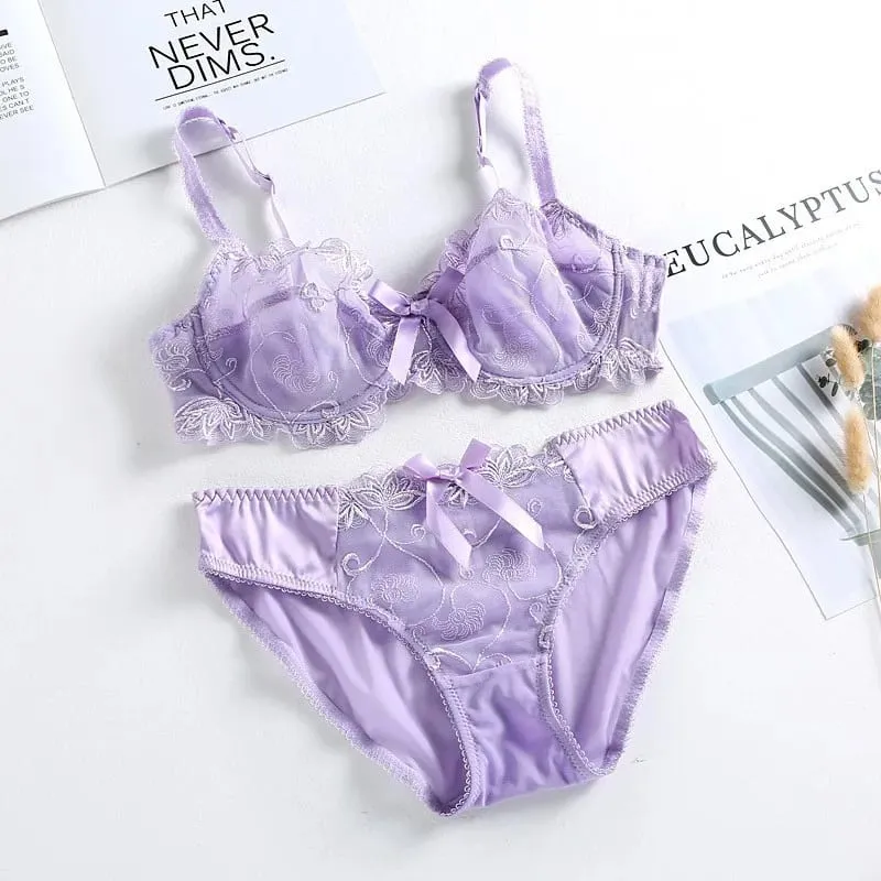 high quality sexy women bras and brief two piece set push up A B C D cup wire summer lingerie underwear pink purple white — image 12