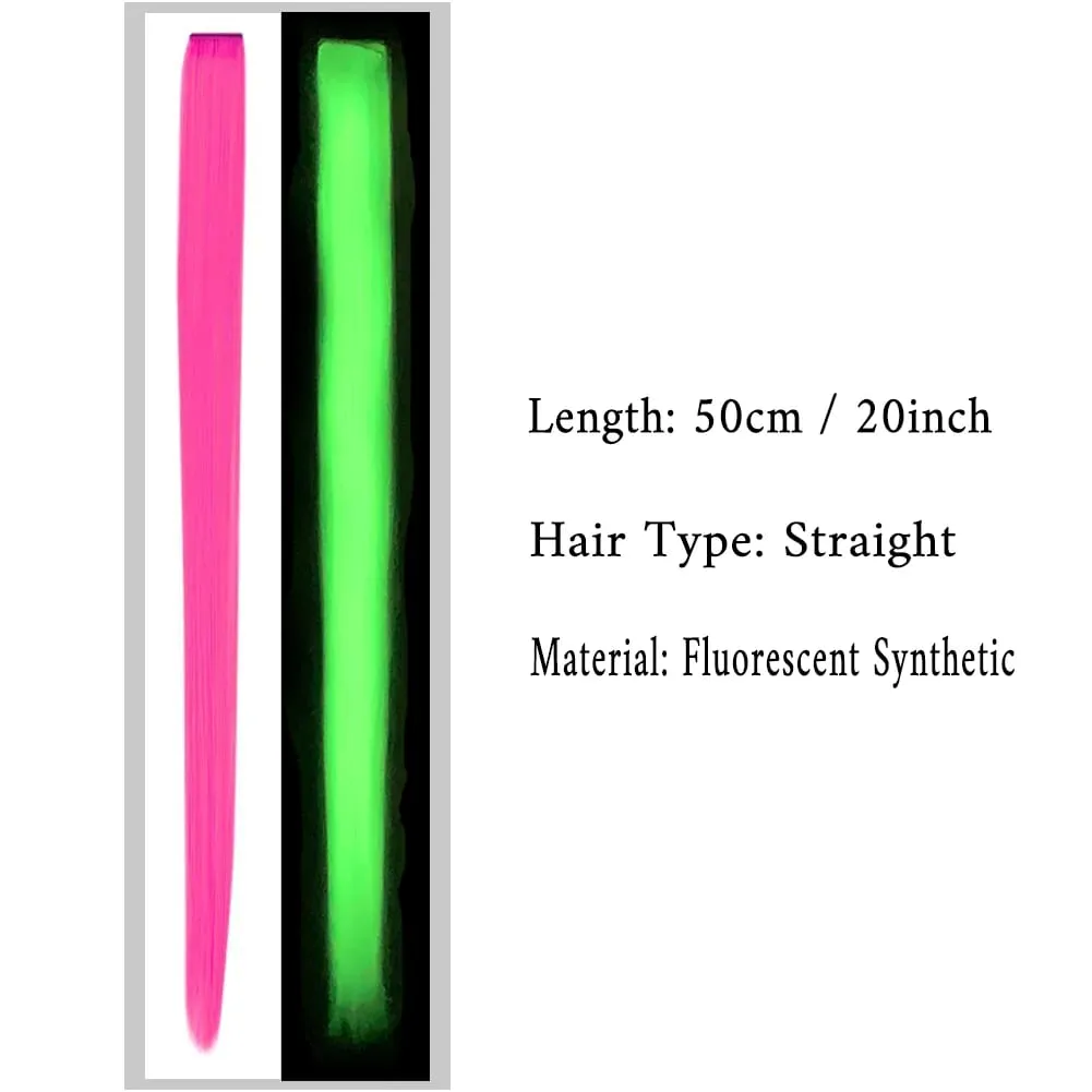 20 Inch Glow in the Dark Hair Extensions Clip Luminous Colored Hairpieces Party Rainbow Hair Clips Synthetic Straight Wig