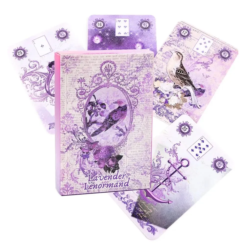 Lavender Lenormand Deck - 9*6cm 36 karet s vintage botanickými ilustracemi Shabby Chic Purple Aesthetic Tarot Alternative