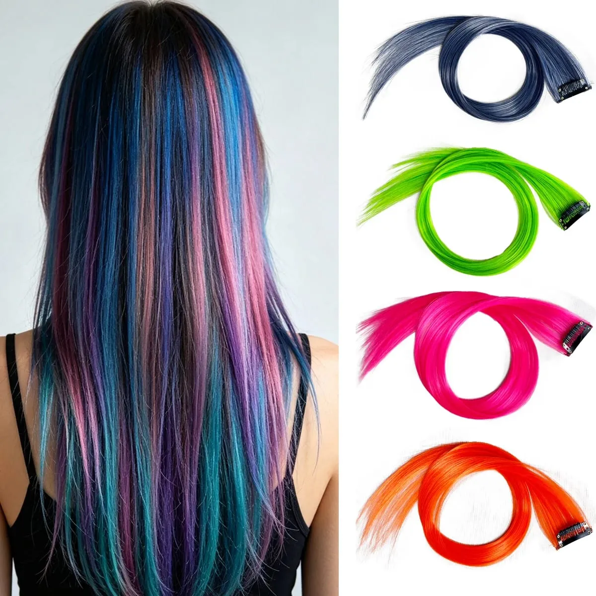 Synthetic Colored Clip In Hair Extensions Straight Highlight Hair Streaks Rainbow Hanging Hair Pieces Hairpiece For Women Party — image 2