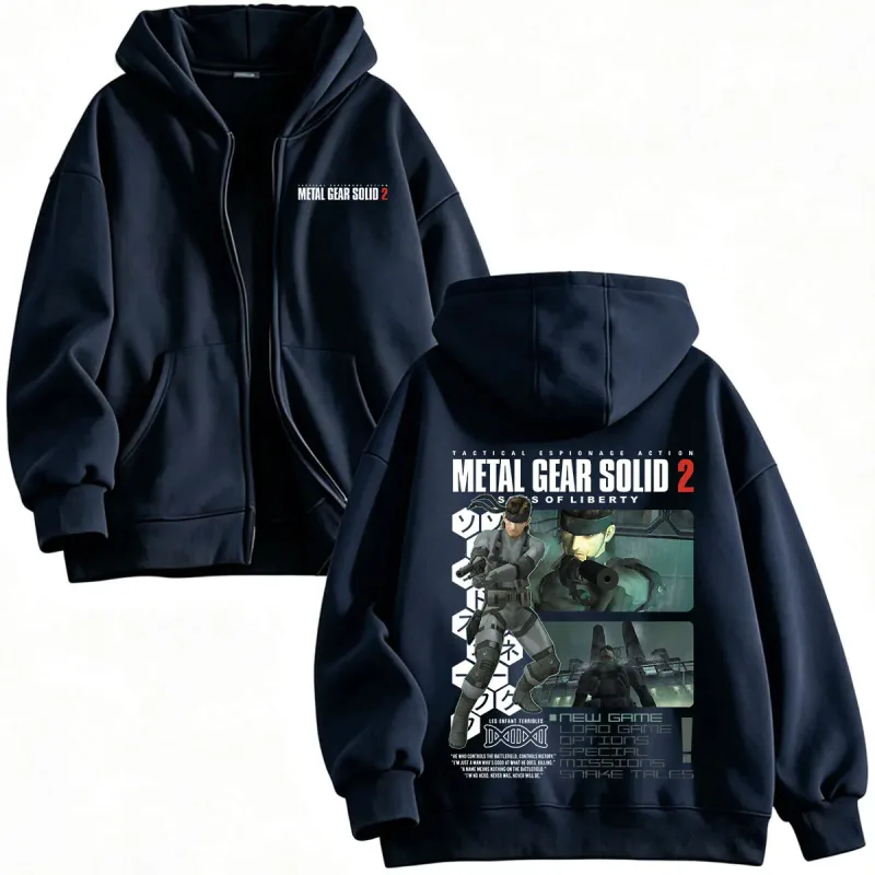 Metal Gear Solid 2 Sons of Liberty MGS2 Solid Snake Game Zipper Hoodies Men Women Fleece Zip Up Hooded Sweatshirts Jackets Coats