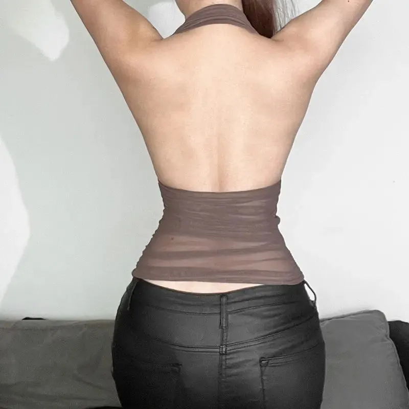 2025 Summer New Women Fashion Sexy Sheer Mesh Backless Deep V Neck Halter Cami Tops Sleeveless Slim Fit Trendy Streetwear — image 5