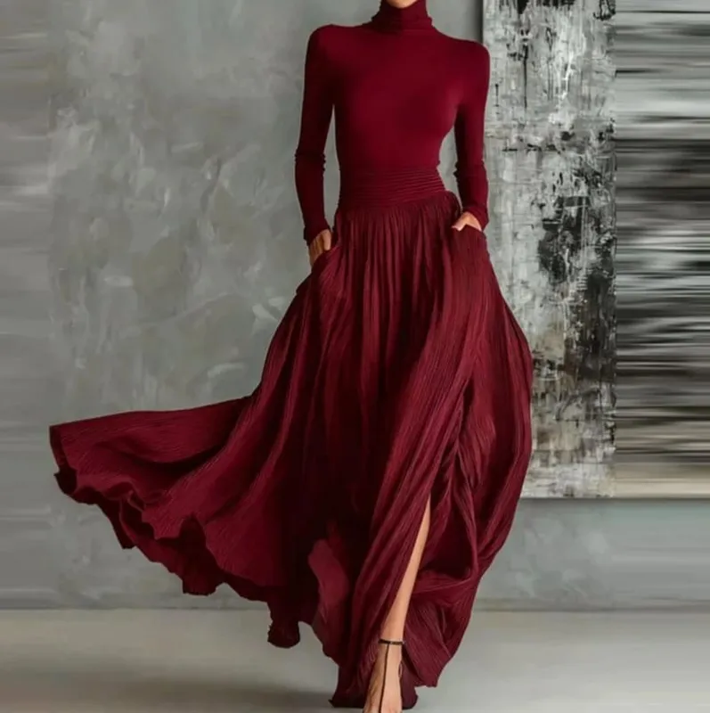 Set Skirt Dua Helai Anggun Perancis untuk Poket Wanita Labuh Berbelah Minimalis Pejal Garisan Berlipat Sut Slim Turtleneck Vintage