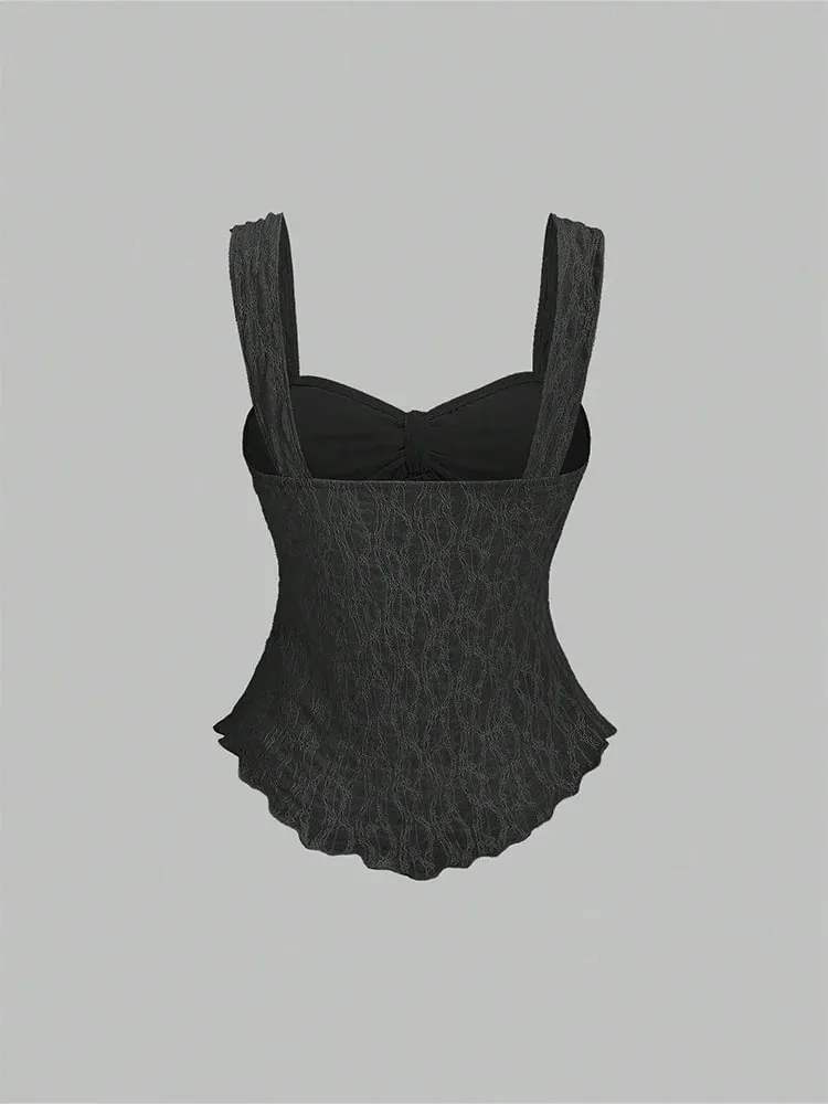 2026 Summer Women Y2K Coquette Floral Lace Knotted Bow Slim Fit Irregular Ruffled Hem Sweetheart Neck Wide Strap Cami Tank Top